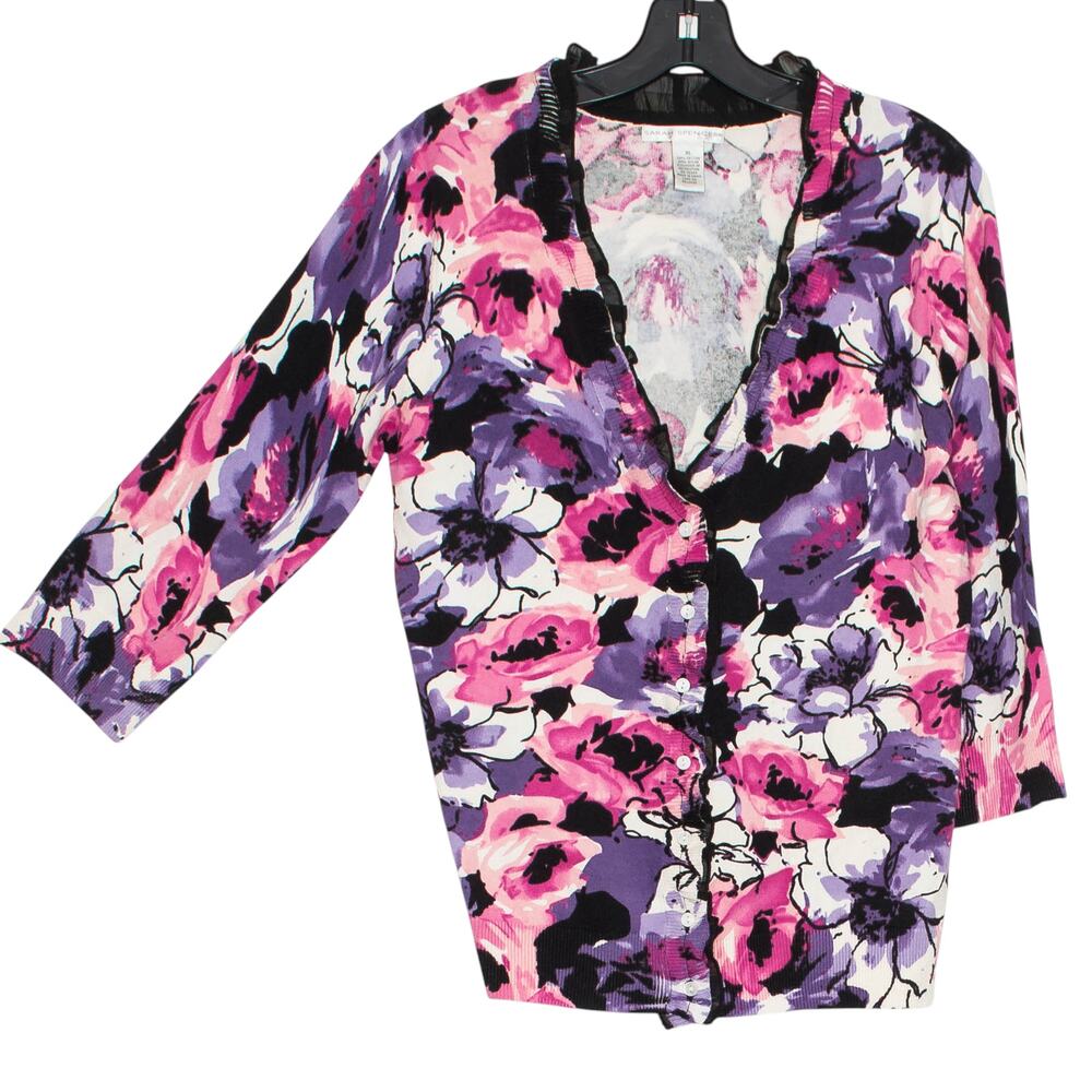 Cardigan 3/4 Sleeve Floral Cottage Dark Academia Ruffle Button Up Pink Purple XL